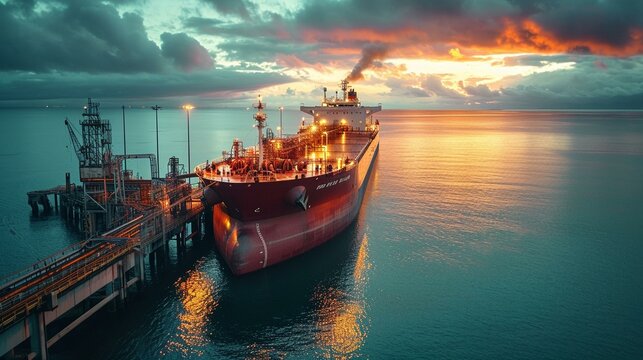 Oil tanker docked at a port, ready for loading or unloading crude oil. [Oil tanker at port ready for loading or unloading