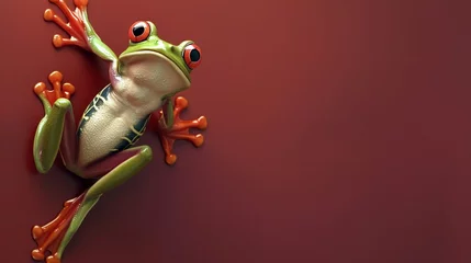 Fototapeten An endearing cartoon frog gracefully leaping against a rich burgundy wall. © Ibraheem