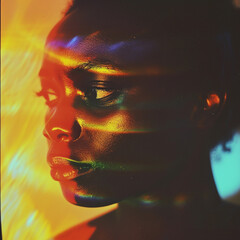 Portrait photograph of a dark-skinned woman. Creative portrait of a dark-skinned woman in neon light