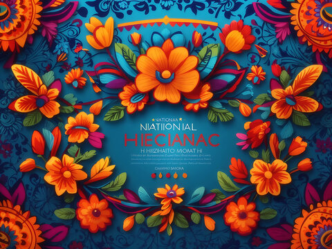 National Hispanic Heritage Month banner with flower pattern ornament, vector background. Latin American art, culture and traditions of Hispanic heritage in Huichol designs.