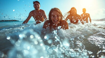 Diverse group of friends enjoying a sunny day at the beach, playing in the waves and swimming. [Friends playing in waves at the beach