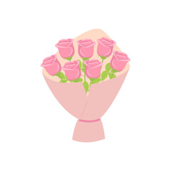 Pink flower bouquet with roses and green leaves. Love symbol and gift for Valentine's day. Floral arrangement illustration. Isolated cartoon element for holiday patterns, packaging, designs