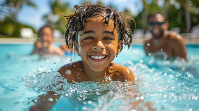 A family having a fun pool day, with kids splashing around and parents enjoying a leisurely swim. [Family pool day with kids and parents - Powered by Adobe