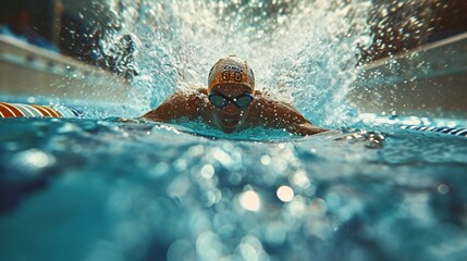 Dynamic shot of a swimmer diving into a pool, capturing the moment of entry with splashes. [Swimmer diving into pool with splashes