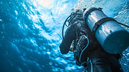 Close-up of a scuba diver adjusting their equipment before descending into the deep blue sea. [Scuba diver adjusting equipment before descent