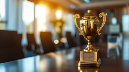 A golden trophy on a conference table with sunlit room in the background - obrazy, fototapety, plakaty