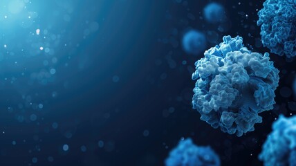 Microscopic blue cancer cells in a bokeh light background - obrazy, fototapety, plakaty