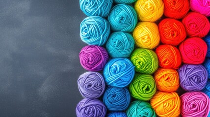 Rainbow of yarn balls arranged on a dark background