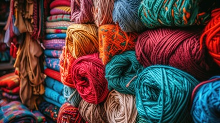 Vibrant yarn balls and textiles in a market setting - obrazy, fototapety, plakaty