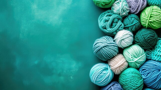 Assorted yarn balls on a teal background