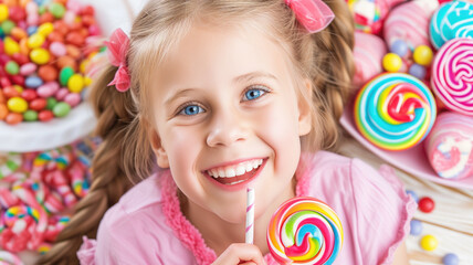 Happy girl with colorful candies and a bright smile