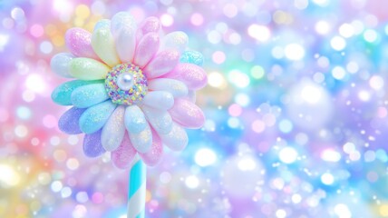 Colorful flower-shaped lollipop on a sparkling background