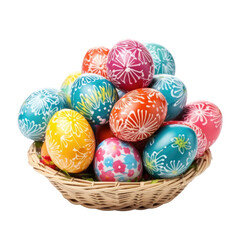 Colorful easter eggs in basket isolated on transparent background