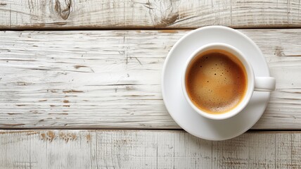 A cup of espresso on a rustic white wooden surface