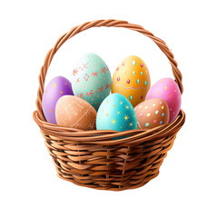 Colorful easter eggs in basket isolated on transparent background