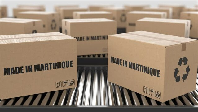 Cardboard boxes with Made in Martinique text on roller conveyor. Factory production line warehouse. Manufacture export or delivery concept. 3D render animation. Seamless loop