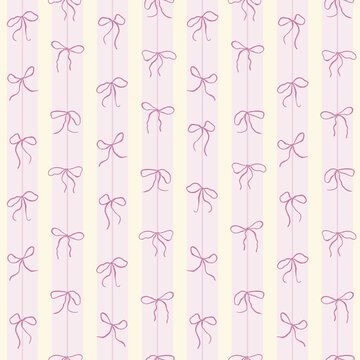 Coquette Pink Bows on a Pink and beige stripes Background pattern