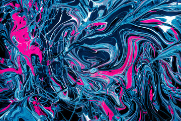 Vibrant, colorful and fluid abstract paint texture background in a modern and contemporary style with shades of blue, magenta, cyan, pink, black