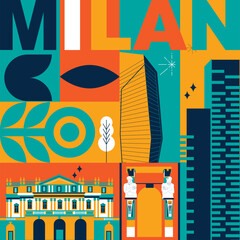 Typography word "Milan" branding technology concept. Collection of flat vector web icons. Italy culture travel set, famous architectures, specialties detailed silhouette. Italian famous landmark