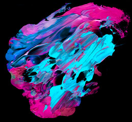 Vibrant, colorful and fluid abstract paint texture on a black background in a modern and contemporary style with shades of cyan, magenta, purple, pink, blue