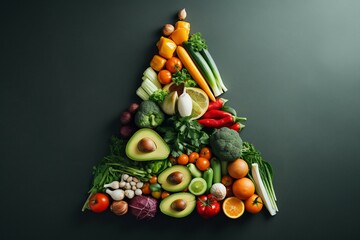 Pyramid made of fresh vegetables on black background. Healthy food concept.