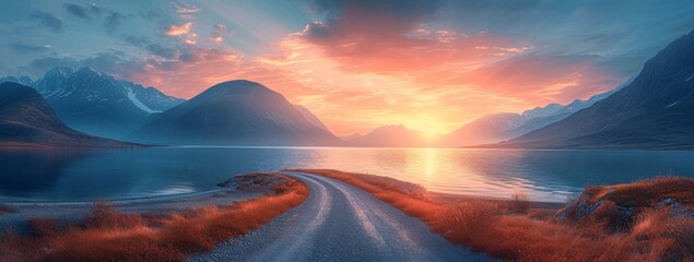 Sunset, desert mountains, road winding along the lake, photo-realistic hyperbole, norwegian nature, light-filled scenes