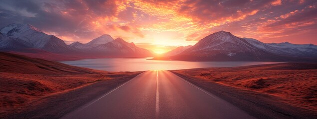 Sunset, desert mountains, road winding along the lake, photo-realistic hyperbole, norwegian nature,...