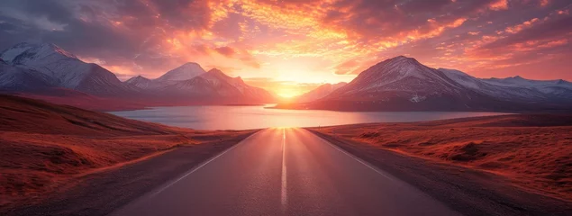 Fototapete Bordeaux Sunset, desert mountains, road winding along the lake, photo-realistic hyperbole, norwegian nature, light-filled scenes
