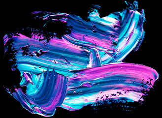 Vibrant, colorful and fluid abstract paint texture on a black background in a modern and contemporary style with shades of blue, magenta, cyan, purple, pink