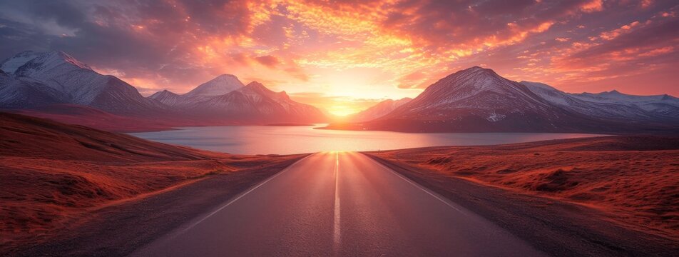 Sunset, desert mountains, road winding along the lake, photo-realistic hyperbole, norwegian nature, light-filled scenes