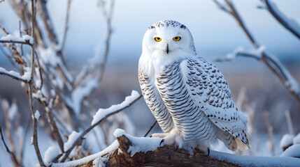 snowy owl perched on a branch, AI Generative.