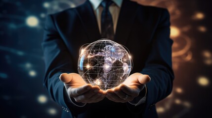 Fototapeta premium Businessman holding global structure networking and data exchanges customer connection. Customer relationship management. Client service, digital marketing and social network
