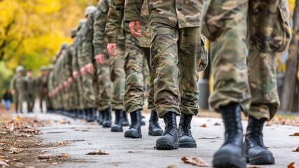 Military personnel marching in a line during autumn - obrazy, fototapety, plakaty