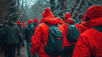 Crowd of people in red clothing and hats during a winter event
