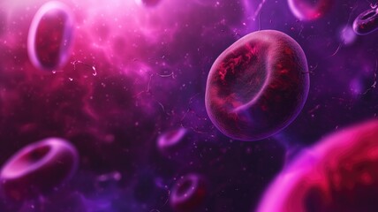 Red blood cells against a vibrant purple backdrop, highlighting a single cell in detail - obrazy, fototapety, plakaty