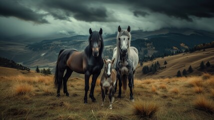 Three horses on a moody grassland - obrazy, fototapety, plakaty