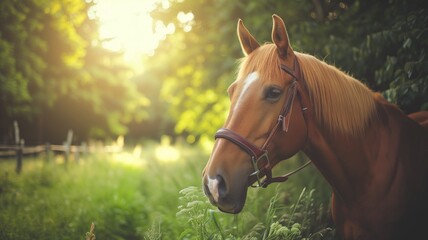 Obraz premium Horse in golden light among green foliage