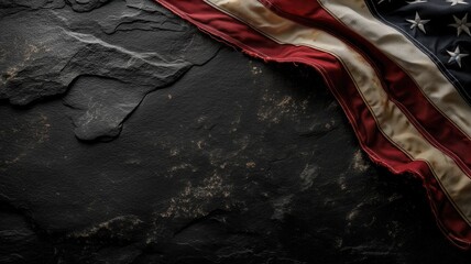 An American flag draped over a rough stone texture - obrazy, fototapety, plakaty