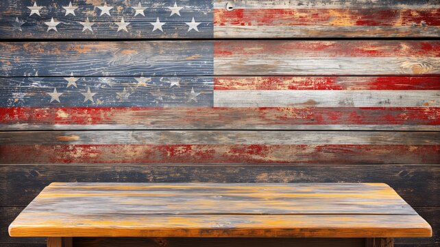 American flag painted on wooden planks with a bench