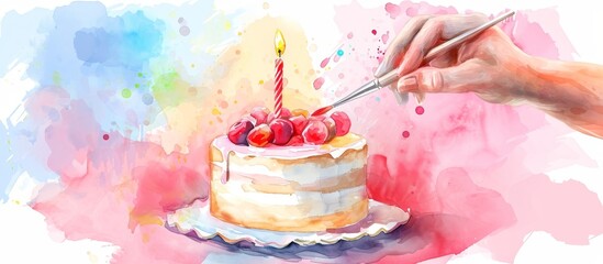 Baker uses watercolors to draw a birthday cake design.