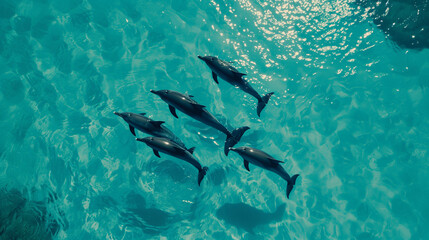 Pod of Dolphins Swimming Gracefully in Crystal Clear Waters