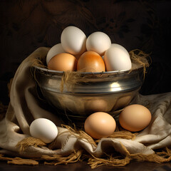 Fresh eggs in a basket.