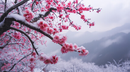 Fototapeta premium Blossoming Pink Cherry Branches in Winter against Misty Cloudy Japan Mountain Backdrop