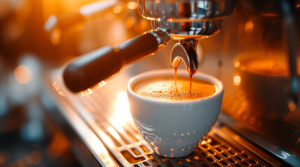 Espresso Machine Pouring Fresh Coffee into a Cup