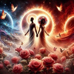 Twin flame couple. Soulmates. The concept of magical, esoteric, tantric, spiritual love. Connection between souls. Illustration for websites and much more. Created using generative ai tools.