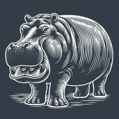 Hippopotamus. Vintage woodcut style vector illustration on dark background.