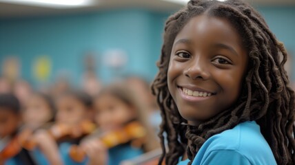 Smiling young girl with dreadlocks playing the violin in a group