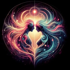 Obraz premium Twin flame couple. Soulmates. The concept of magical, esoteric, tantric, spiritual love. Connection between souls. Illustration for websites and much more. Created using generative ai tools.