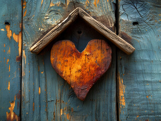 Rustic heart-shaped house made of wood, Saint Valentine theme, family living concept	