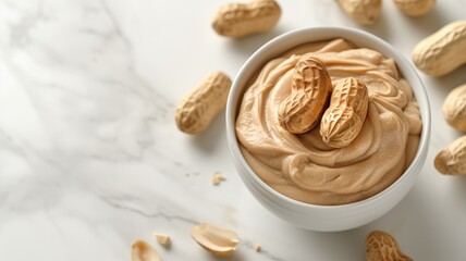 Creamy peanut butter in bowl on white surface
